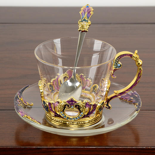 【样品特惠5折，仅1套，无货退款】罗比罗丹珐琅彩欧式奢华创意玻璃咖啡杯个性简约典雅带勺碟礼盒装 商品图3