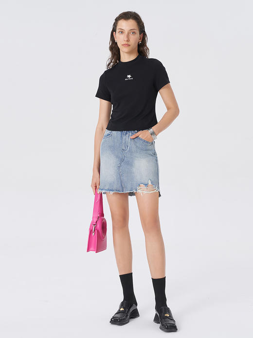 Self Who20323新款纯棉洗水做旧复古牛仔半身裙高腰显瘦磨烂裙子 商品图1