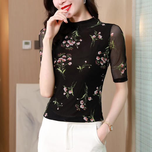 大码网纱双层打底衫中老年女装KQL-520H9818 商品图1