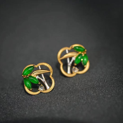 龢盒原创 青竹 18k金翡翠白蓝宝耳钉 商品图1