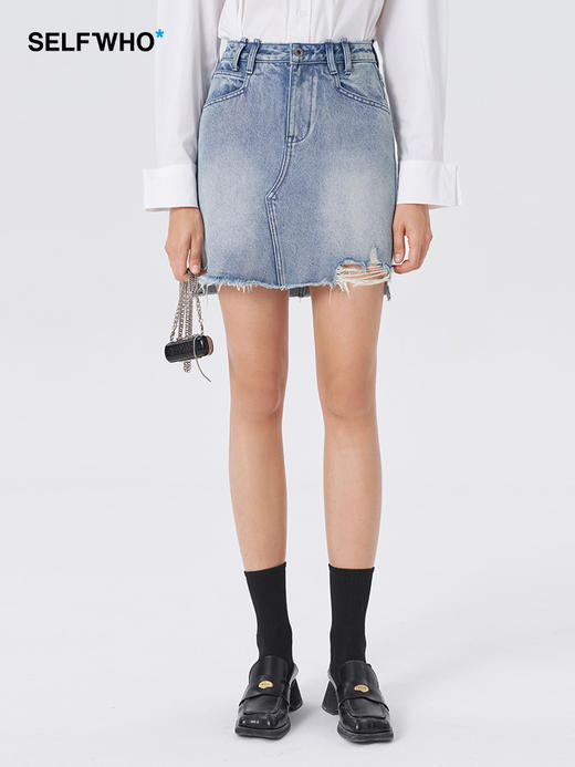 Self Who20323新款纯棉洗水做旧复古牛仔半身裙高腰显瘦磨烂裙子 商品图0