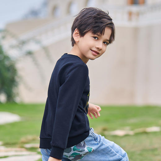 mettekids男童卫衣儿童春秋新款黑色童装中大童宽松休闲圆领上衣 商品图3