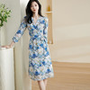 剩S/M/L/XXL 米思阳2024秋季新款100%桑蚕丝印花a字裙子温柔淑女V领连衣裙0670 商品缩略图0