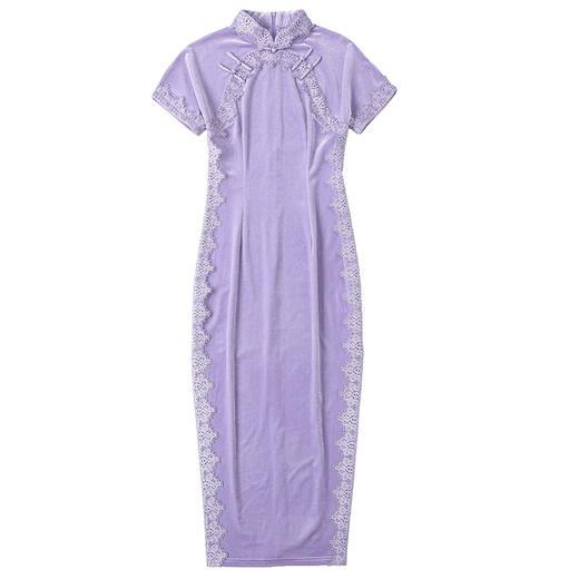 立领国风短袖旗袍裙，净色丝绒花边长款修身开衩旗袍AYK-QF-2210058 商品图4