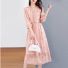 ZS-9691真丝连衣裙桑蚕丝刺绣顺纡缎连衣裙2023新款木耳边V边抽绳中长裙 商品缩略图0