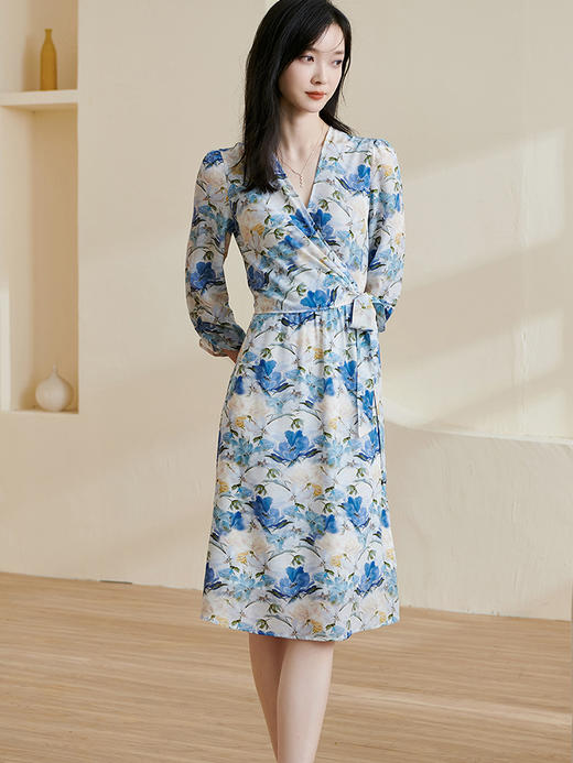 剩S/M/L/XXL 米思阳2024秋季新款100%桑蚕丝印花a字裙子温柔淑女V领连衣裙0670 商品图2