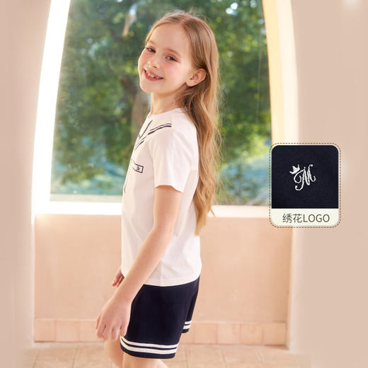 mettekids女童套装夏季海军风短袖t恤儿童短裤中大童洋气凉感童装 商品图0