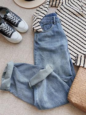 老米优品 / 梦中情裤！韩系男友风 做旧慵懒牛仔裤《背面刺绣桃心❤ 超正！显瘦宽松直筒牛仔裤》帅帅的~~ 无敌显瘦！K230310B