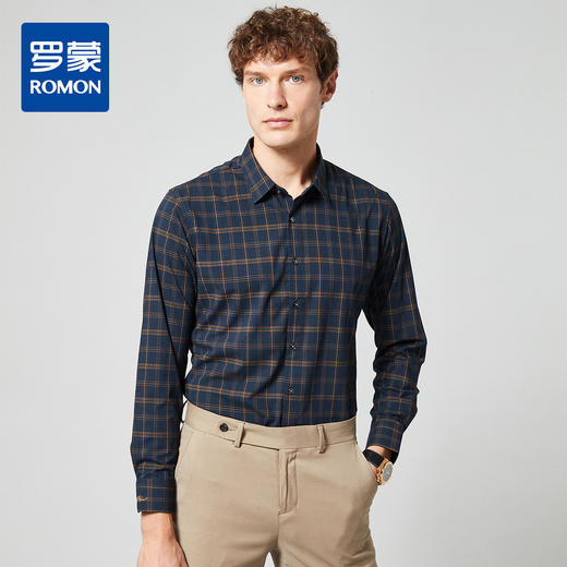 99XC42DC003【专柜定制刺绣款】罗蒙春夏长袖衬衫男士商务休闲百搭弹力刺绣格子衬衣男 商品图0