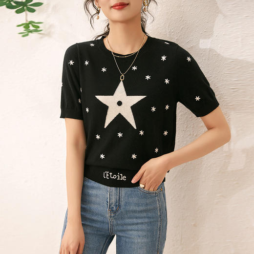 薄款短袖T恤上衣，休闲遮肉女轻奢绣花羊毛针织衫WLZD-2302210 商品图0