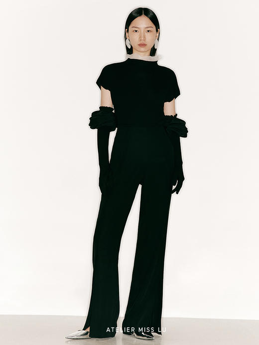 【初现】领口立体环绕拼纱落肩袖针织上衣/230025 商品图0