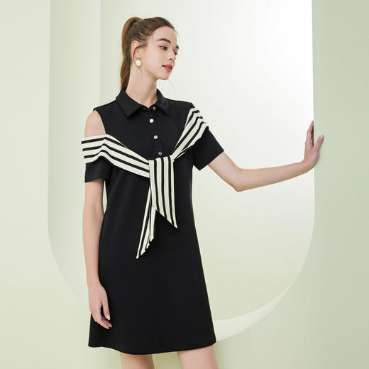 NF813斯尔丽瑟俪23年春夏新款设计感条纹合体收披肩式时尚气质连衣裙 商品图2