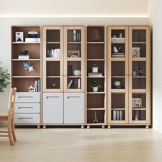 喜梦宝全实木书柜实木组合书柜北欧松木背景墙书橱书房落地柜小雪糕 商品图0