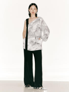 【理想后花园】品牌定制印花方条蝴蝶结飘带斜肩单袖上衣/230023B