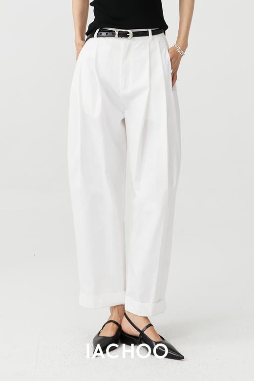 3421318003 iachoo百搭白色休闲裤压褶宽松阔腿裤女通勤设计 商品图4