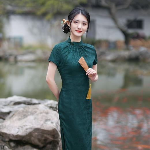修身中国风，年轻长款改良版素雅复古日常可穿墨绿纯色旗袍裙GSJ-3316 商品图2