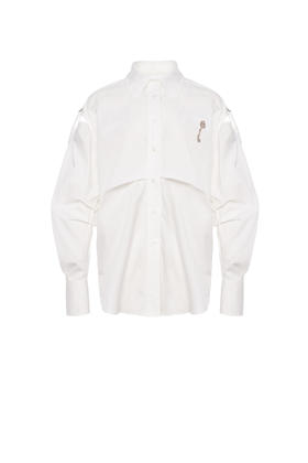 白色钥匙绣花露肩袖衬衣