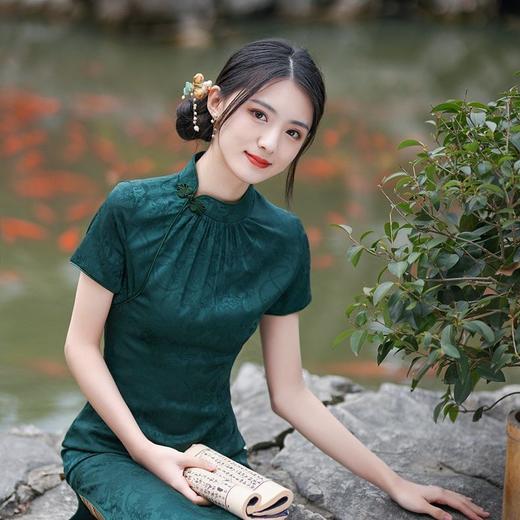 修身中国风，年轻长款改良版素雅复古日常可穿墨绿纯色旗袍裙GSJ-3316 商品图4