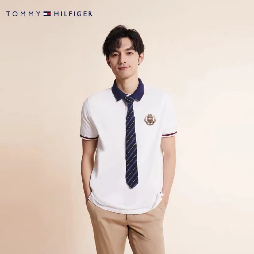TOMMY HILFIGER 23新款春夏男装纯棉时尚徽章刺绣撞色翻领短袖POLO衫29412