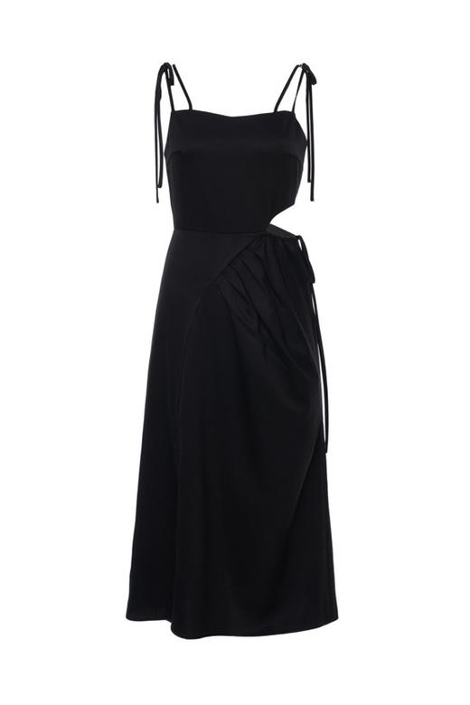 黑色缎面醋酸腰部镂空吊带连衣 商品图2