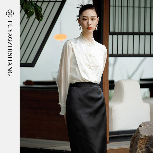 IWY/扶摇系列 立领拼接天丝衬衫 醋酸缎修身过膝半裙23FYB10+23FYS107 商品图0