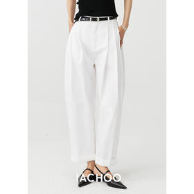 3421318003 iachoo百搭白色休闲裤压褶宽松阔腿裤女通勤设计