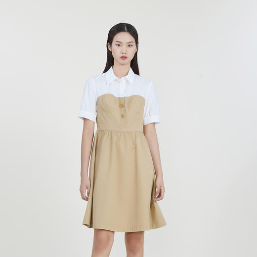 谜底拼接连衣裙2023春季新款翻领时尚纯棉中长裙短袖女231ML0117 商品图0