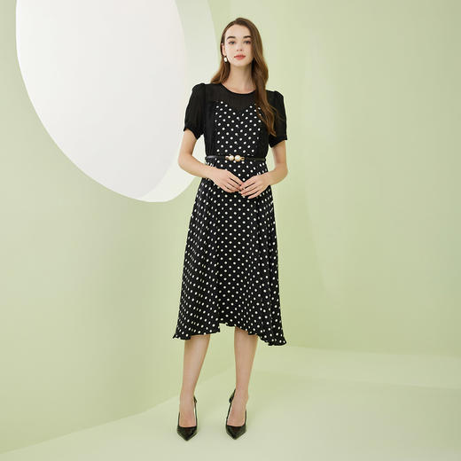 NF8V8斯尔丽瑟俪2023春夏新款通勤百搭圆领短袖拼接波点温婉气质连衣裙 商品图3