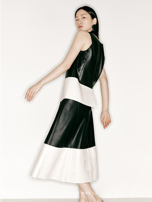 【夜愿】撞色拼接环保PU皮小A字背心/230029 商品图3