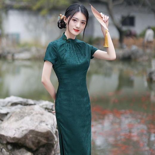 修身中国风，年轻长款改良版素雅复古日常可穿墨绿纯色旗袍裙GSJ-3316 商品图3