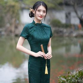 修身中国风，年轻长款改良版素雅复古日常可穿墨绿纯色旗袍裙GSJ-3316
