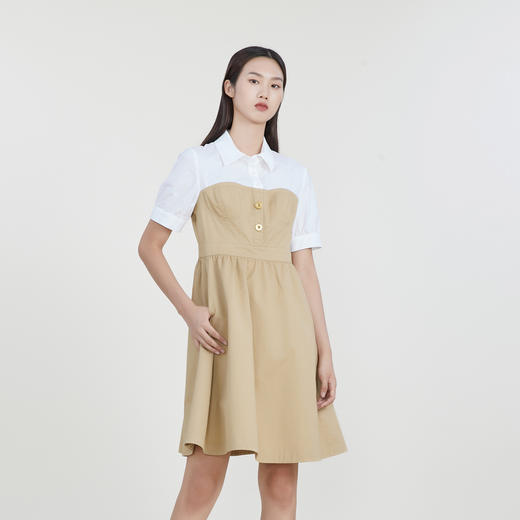 谜底拼接连衣裙2023春季新款翻领时尚纯棉中长裙短袖女231ML0117 商品图1