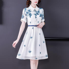 优雅妈妈装显瘦A字裙，印花短袖雪纺连衣裙AHM-ybb6831