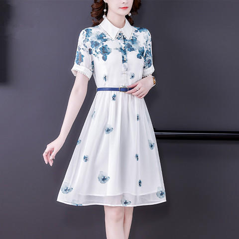 优雅妈妈装显瘦A字裙，印花短袖雪纺连衣裙AHM-ybb6831 商品图0