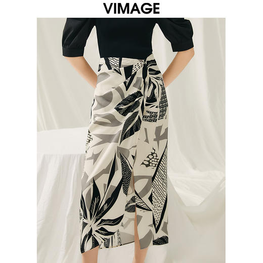 VIMAGE纬漫纪夏季新款高腰显瘦气质印花小众设计半裙V1906522 商品图5