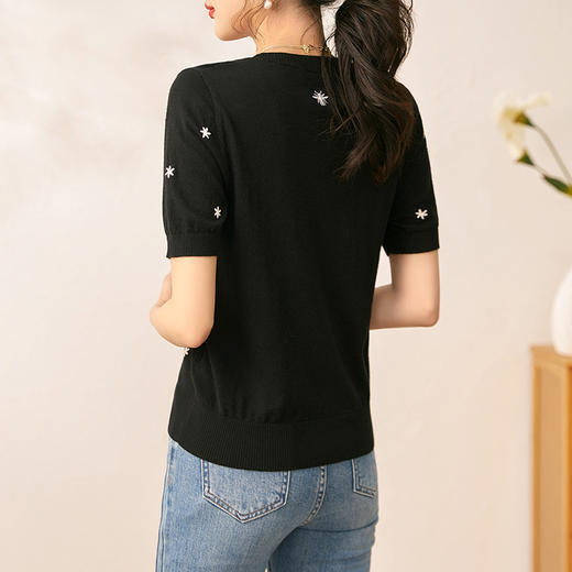 薄款短袖T恤上衣，休闲遮肉女轻奢绣花羊毛针织衫WLZD-2302210 商品图1
