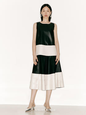 【夜愿】撞色拼接环保PU皮小A字背心/230029