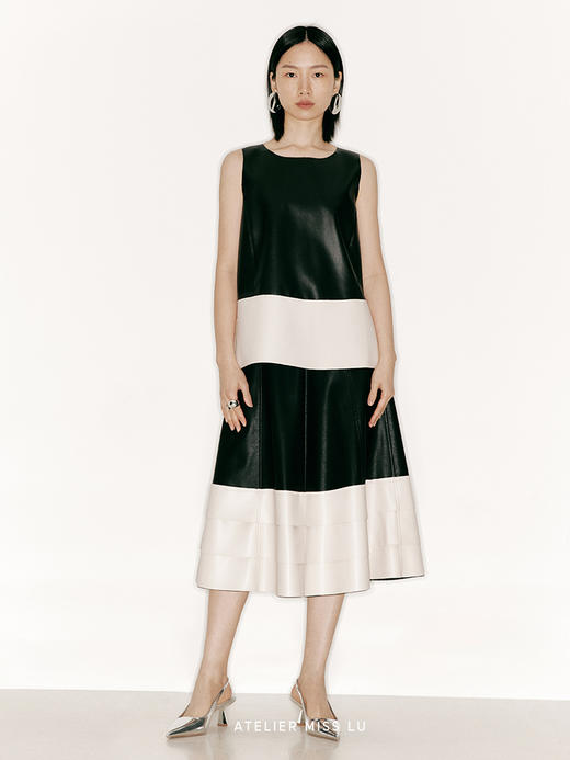 【夜愿】撞色拼接环保PU皮小A字背心/230029 商品图0