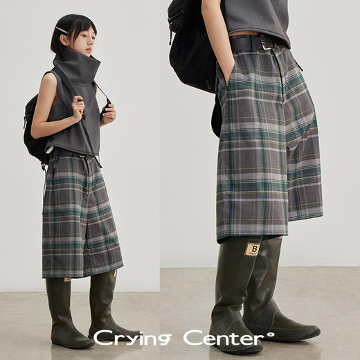 CryingCenter 复古绿调格纹五分裤中裤 搭配叠穿造型 哭喊中心 商品图0