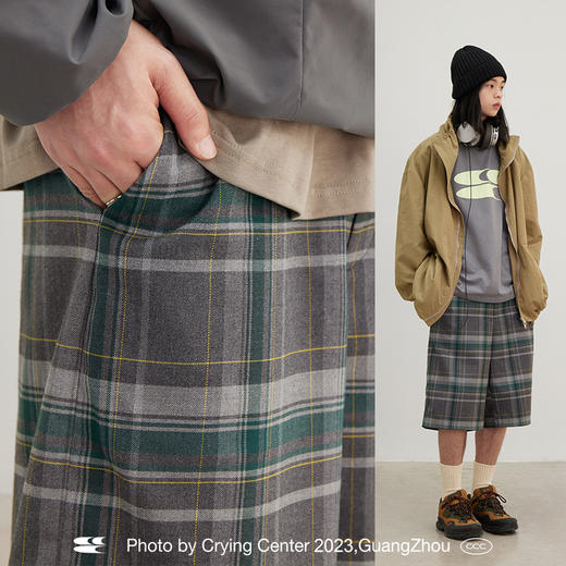 CryingCenter 复古绿调格纹五分裤中裤 搭配叠穿造型 哭喊中心 商品图1
