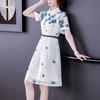 优雅妈妈装显瘦A字裙，印花短袖雪纺连衣裙AHM-ybb6831 商品缩略图1