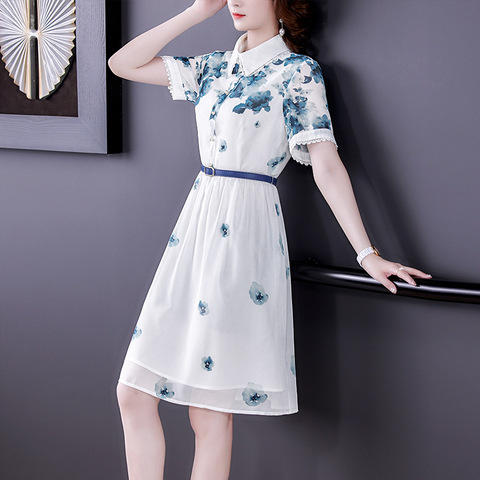 优雅妈妈装显瘦A字裙，印花短袖雪纺连衣裙AHM-ybb6831 商品图1