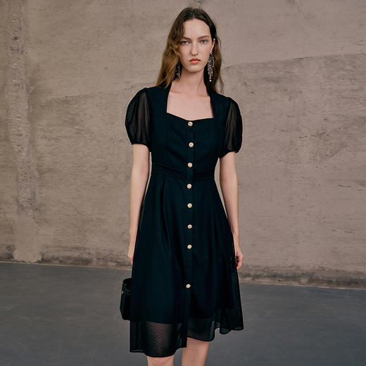 EITIE爱特爱夏季季新款显瘦透视拼接泡泡袖时尚优雅连衣裙7407120 商品图3