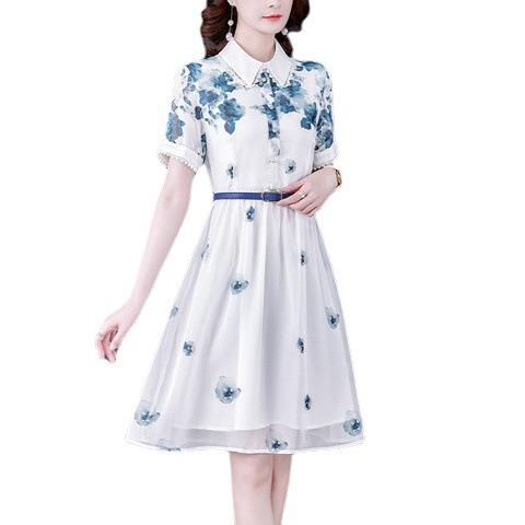 优雅妈妈装显瘦A字裙，印花短袖雪纺连衣裙AHM-ybb6831 商品图4