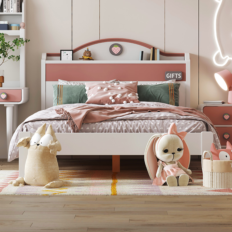 喜梦宝全实木成人床儿童床女孩公主床现代简约型接拼床粉色实木床 草莓糖