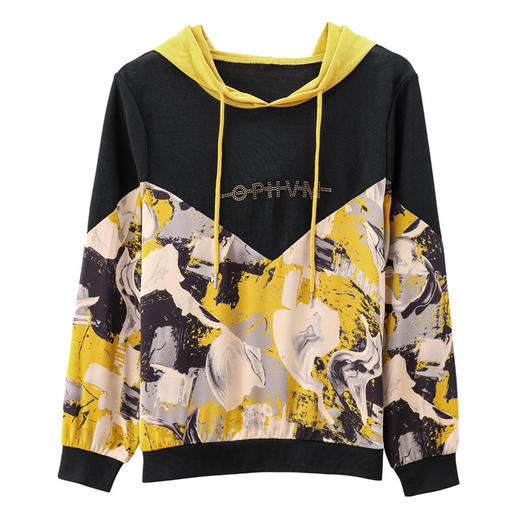 KQL D31M912时尚缎面拼接镶钻连帽卫衣 商品图4