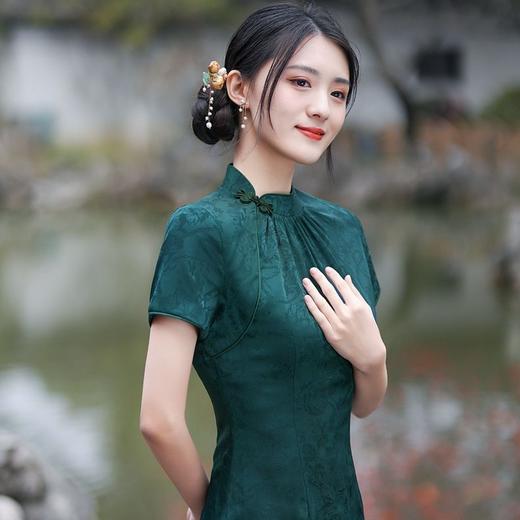 修身中国风，年轻长款改良版素雅复古日常可穿墨绿纯色旗袍裙GSJ-3316 商品图1