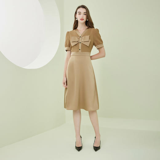 NF843斯尔丽瑟俪2023春夏新款时尚V领温柔蝴蝶结式拼接收腰显瘦连衣裙 商品图3