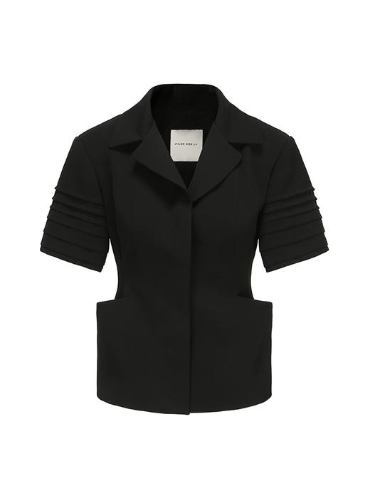 【墨色涌动】廓形口袋垫肩V领短袖上衣/230015 商品图4