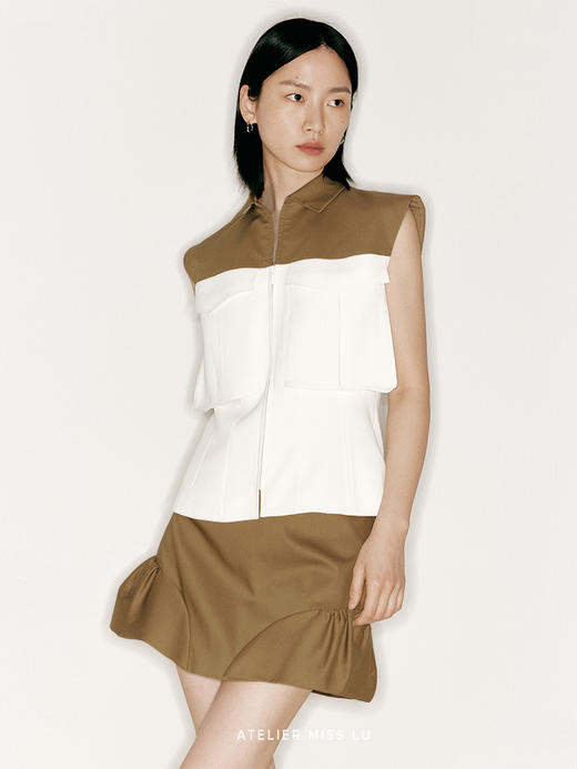 【穿越沙漠】撞色拼接宽肩袖收腰口袋上衣/230022 商品图1